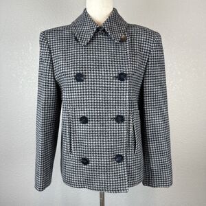 Ralph Lauren Double Breasted Houndstooth Peacoat Coat Size 6 Black Gray Wool